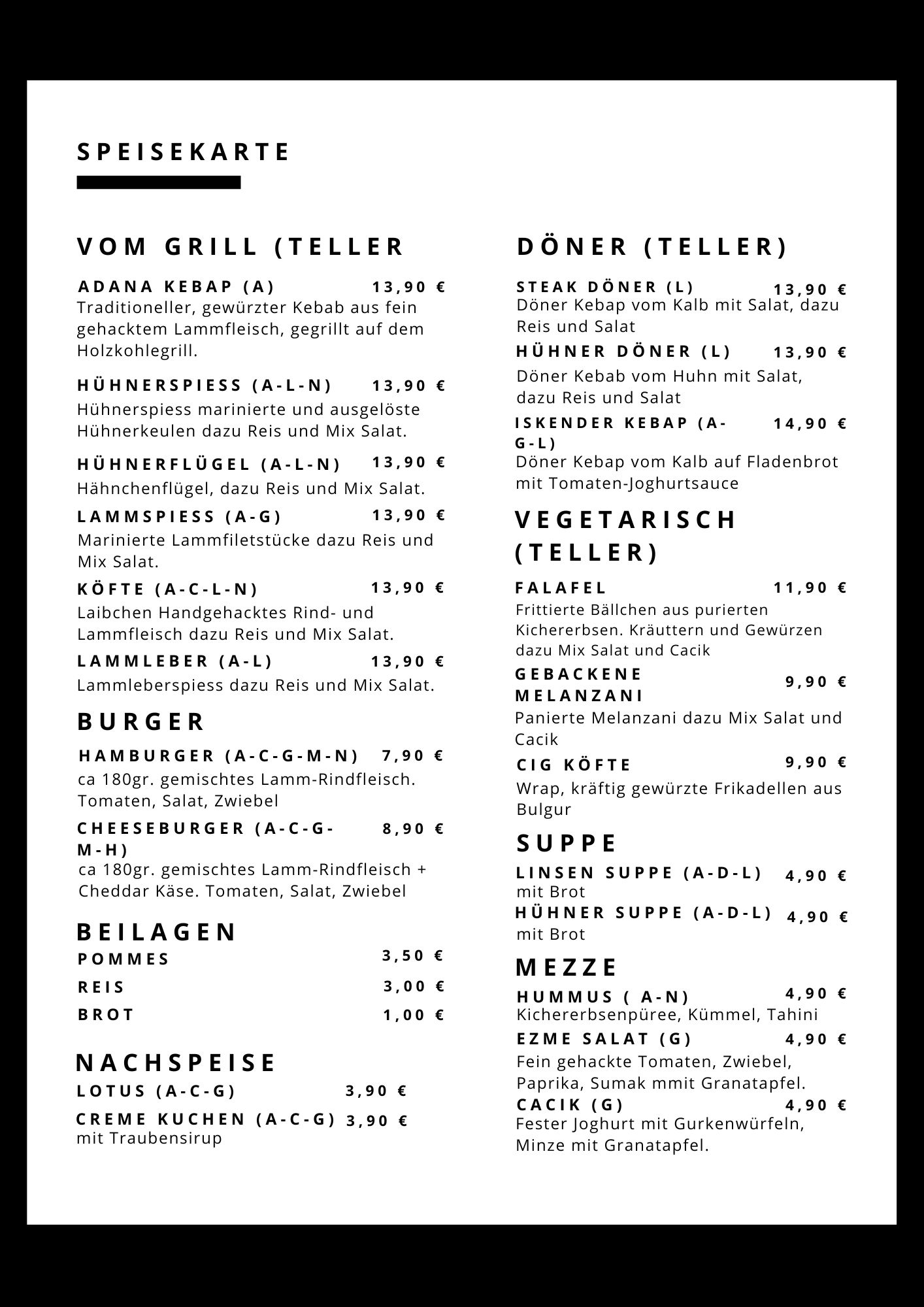 Schwarz und Weiß Einfach Elegant Speisekarte